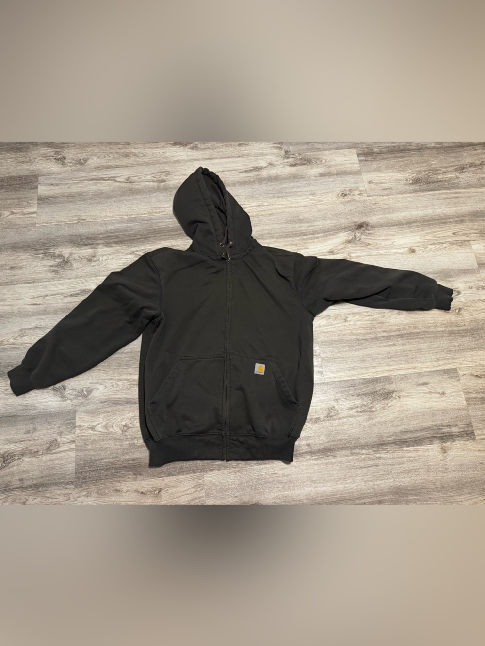 Carhartt Olive Zip Hoodie with Yellow Logo Patch. Heavyweight